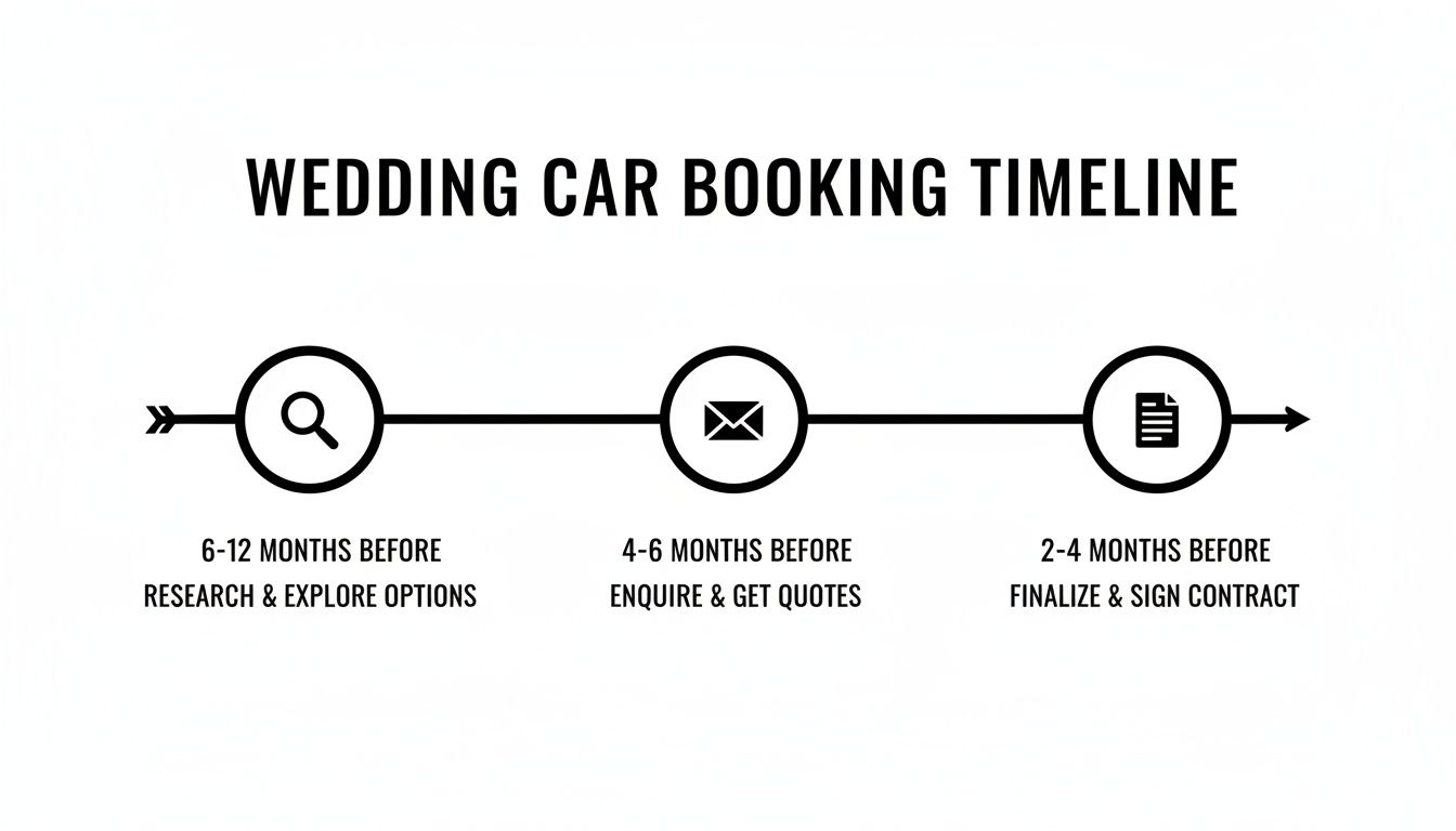 A wedding car booking timeline illustrating three steps: research, inquire, and finalize contract.