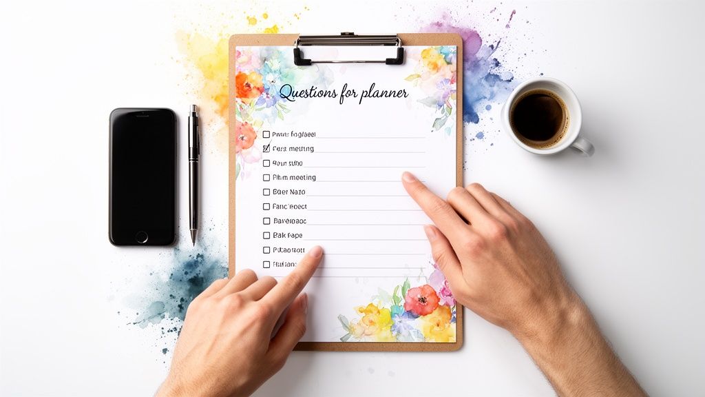 Hands interacting with a "Questions for planner" checklist on a clipboard, with a phone and coffee.