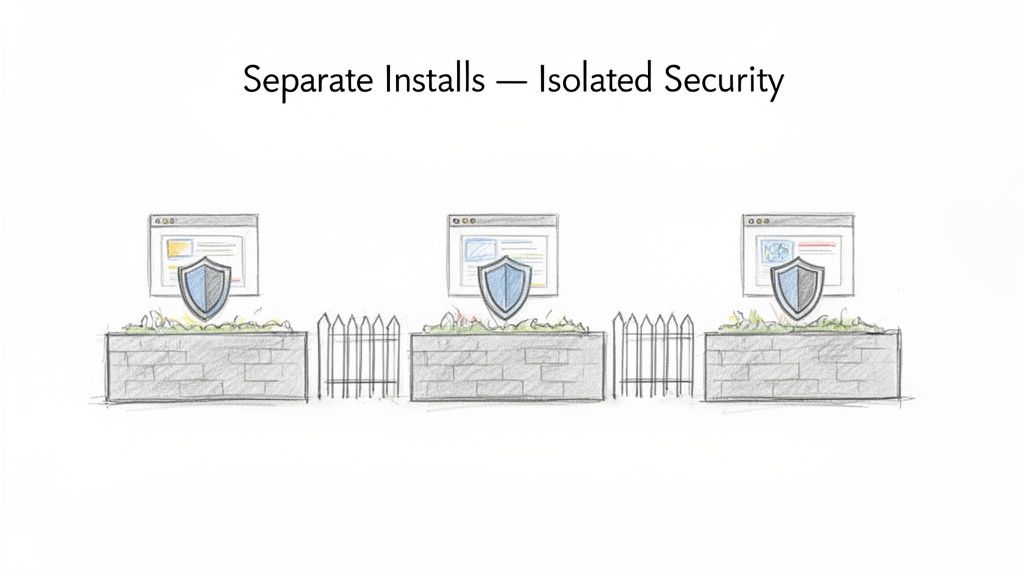 Illustration showing three separate software installations, each with a security shield, enclosed by walls and fences, symbolizing isolated security.