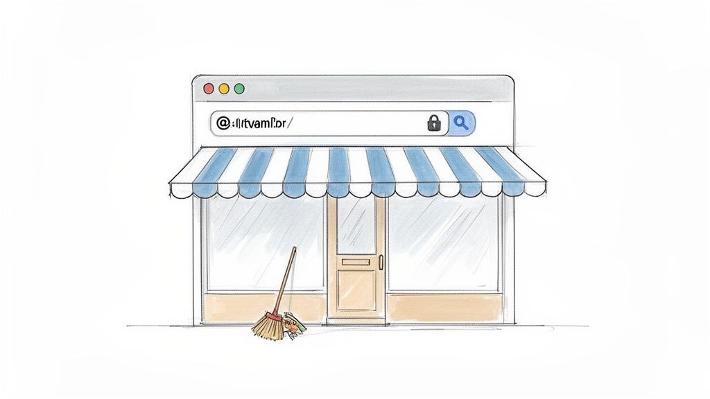 An illustration of a browser window above a storefront, with a broom and debris, symbolizing website maintenance.