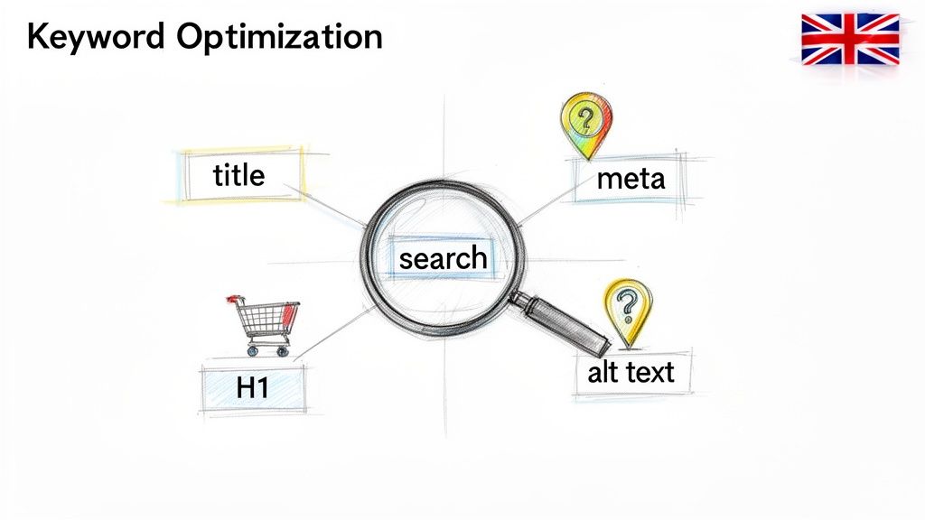 Diagram illustrating keyword optimization for search, showing title, meta, H1, and alt text elements.