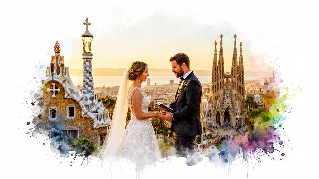 Beautiful watercolor image of a couple's wedding in Barcelona, featuring Park Güell and Sagrada Familia.