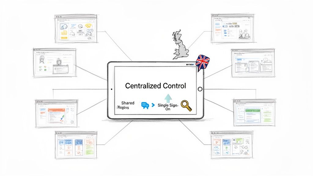 Diagram showing centralized control for multiple WordPress sites via shared plugins and single sign-on, with a UK map.