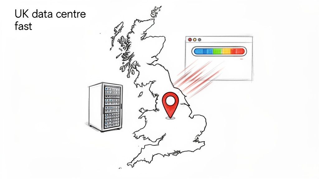 Sketch showing a UK data centre location on a map, server rack, and fast loading speeds.