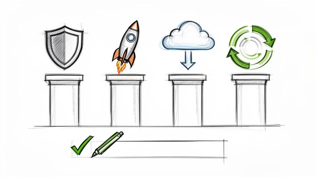 A hand-drawn process flow with icons for security, launch, cloud services, and continuous improvement.