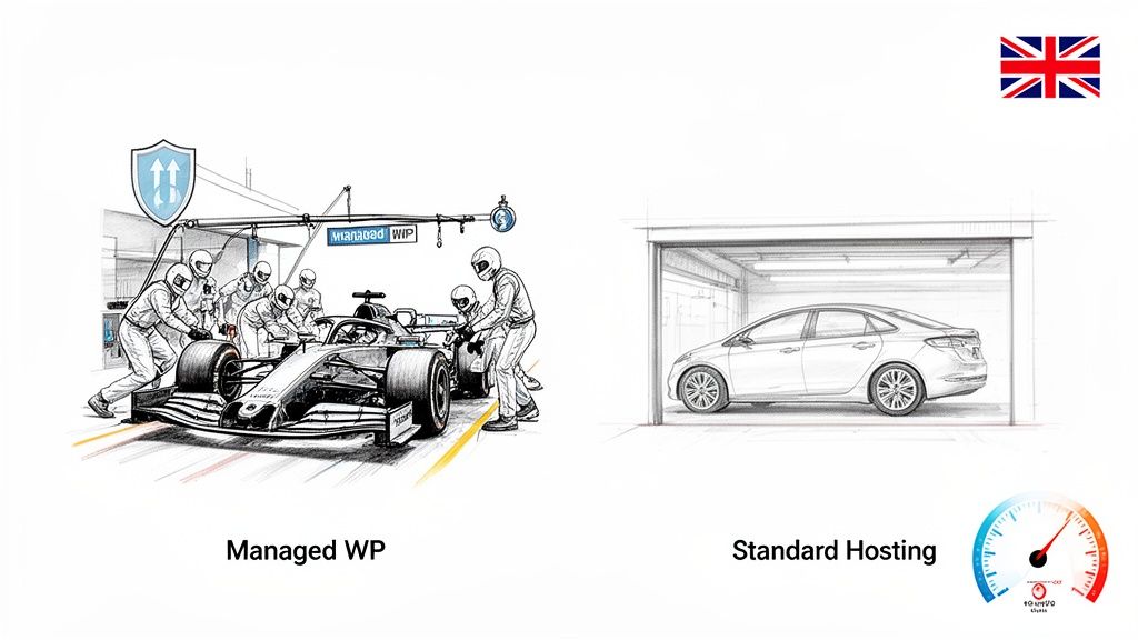 Comparison of managed WordPress hosting (pit crew) and standard hosting (car in garage) for UK users.