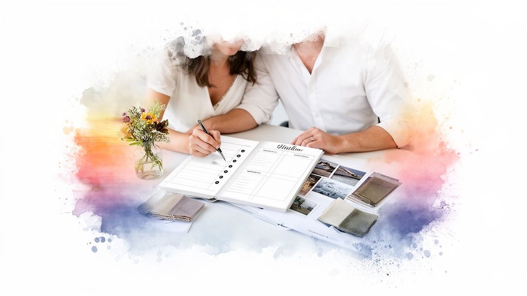 A couple discusses their wedding timeline in a planner with fabric samples and pictures.