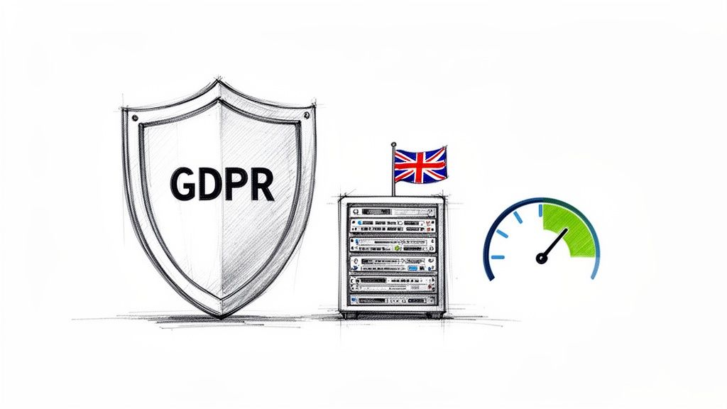Sketch showing a GDPR shield, UK data server with a flag, and a performance gauge for fast web services.