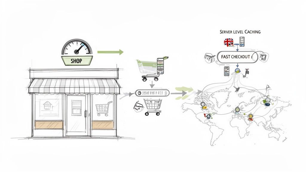Diagram shows fast online shopping checkout via server-level caching across global data centers.