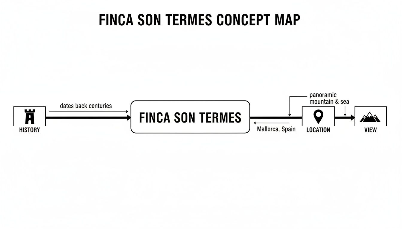 A concept map illustrating the history, location, and panoramic views of Finca Son Termes in Mallorca.
