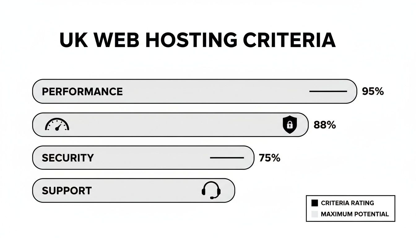 UK web hosting criteria ratings for performance, security, and support are displayed.