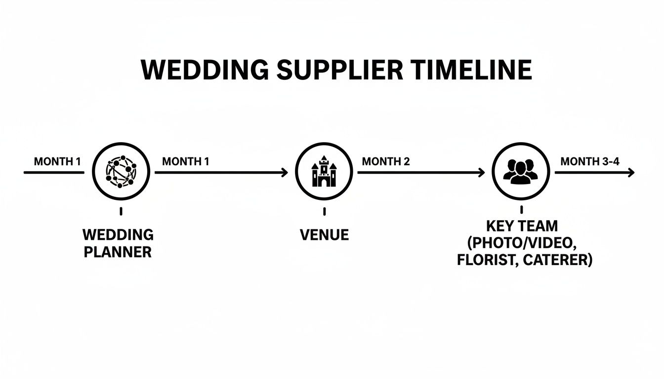 A wedding supplier timeline illustrating when to book a planner, venue, and key team like florists and caterers.