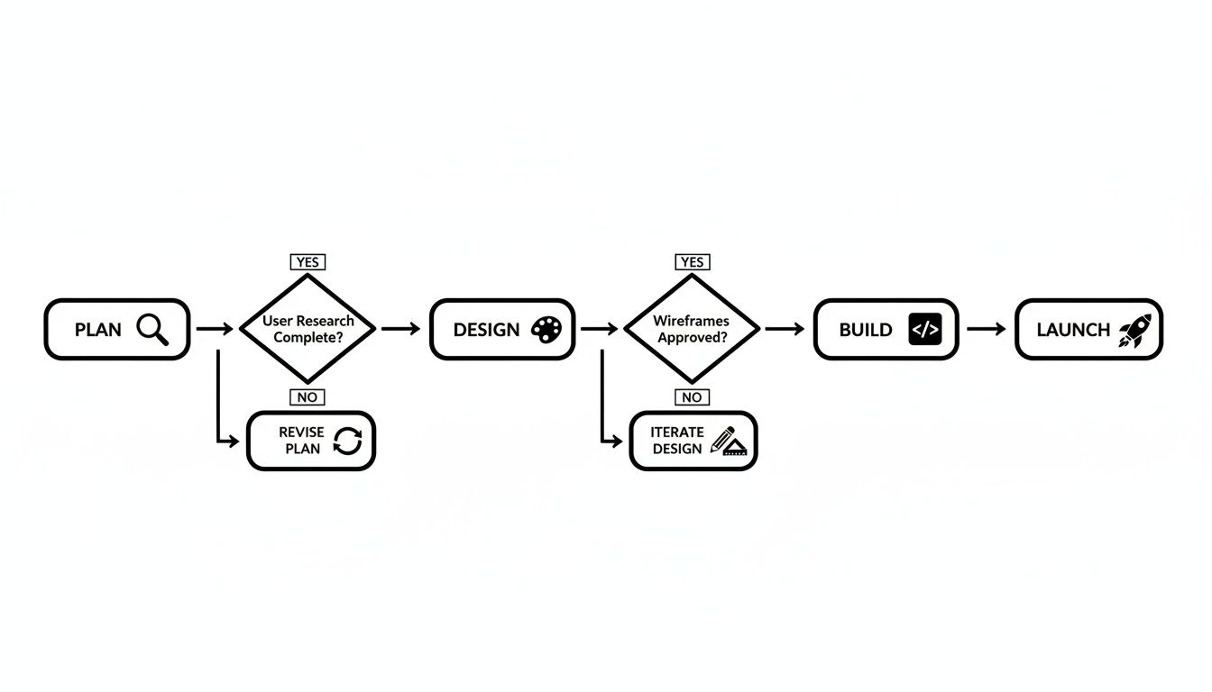 Flowchart outlining a user-centered design process, including planning, research, design iteration, building, and launch.
