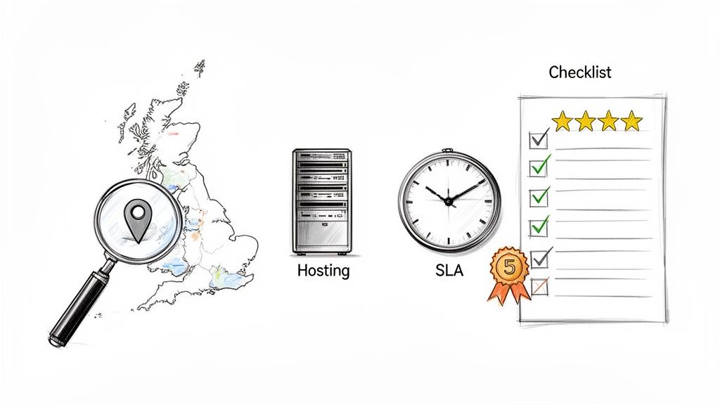 Visualizing key factors for website support: location, hosting, SLA, and a checklist with a 5-star rating.