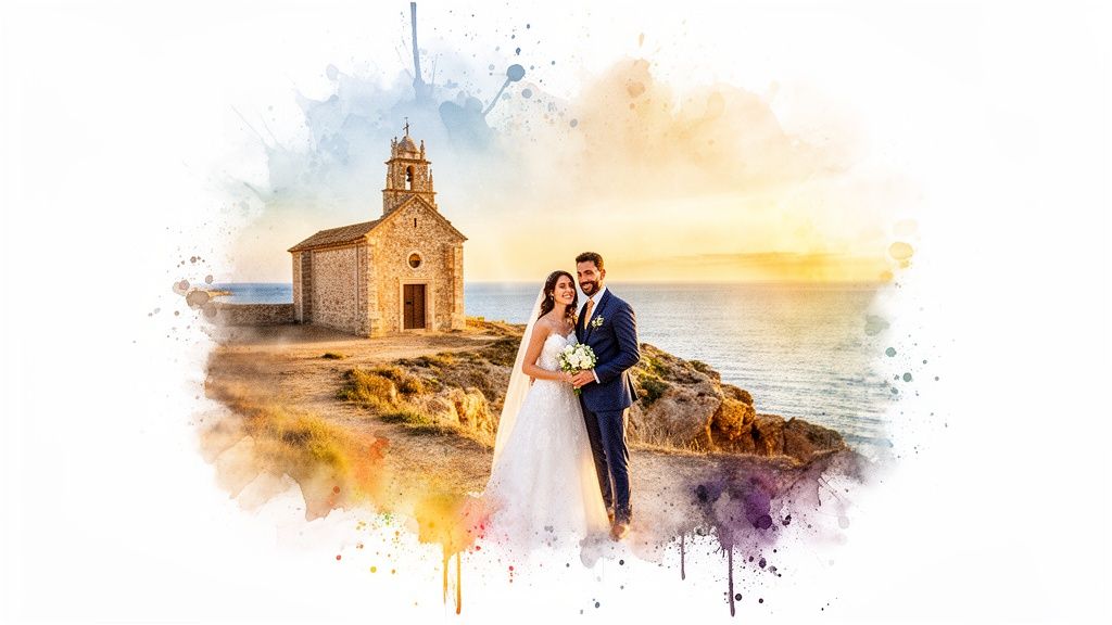 Joyful bride and groom on a cliff overlooking the sea with a stone church, in a watercolor style.