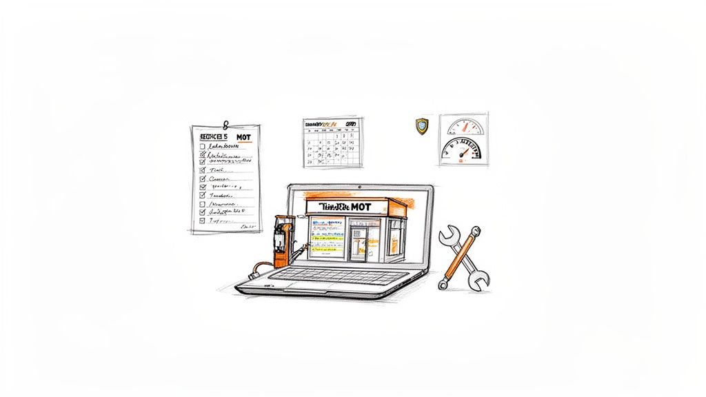 Hand-drawn sketch of a laptop displaying an online MOT service, with fuel pump, wrenches, and checklist.