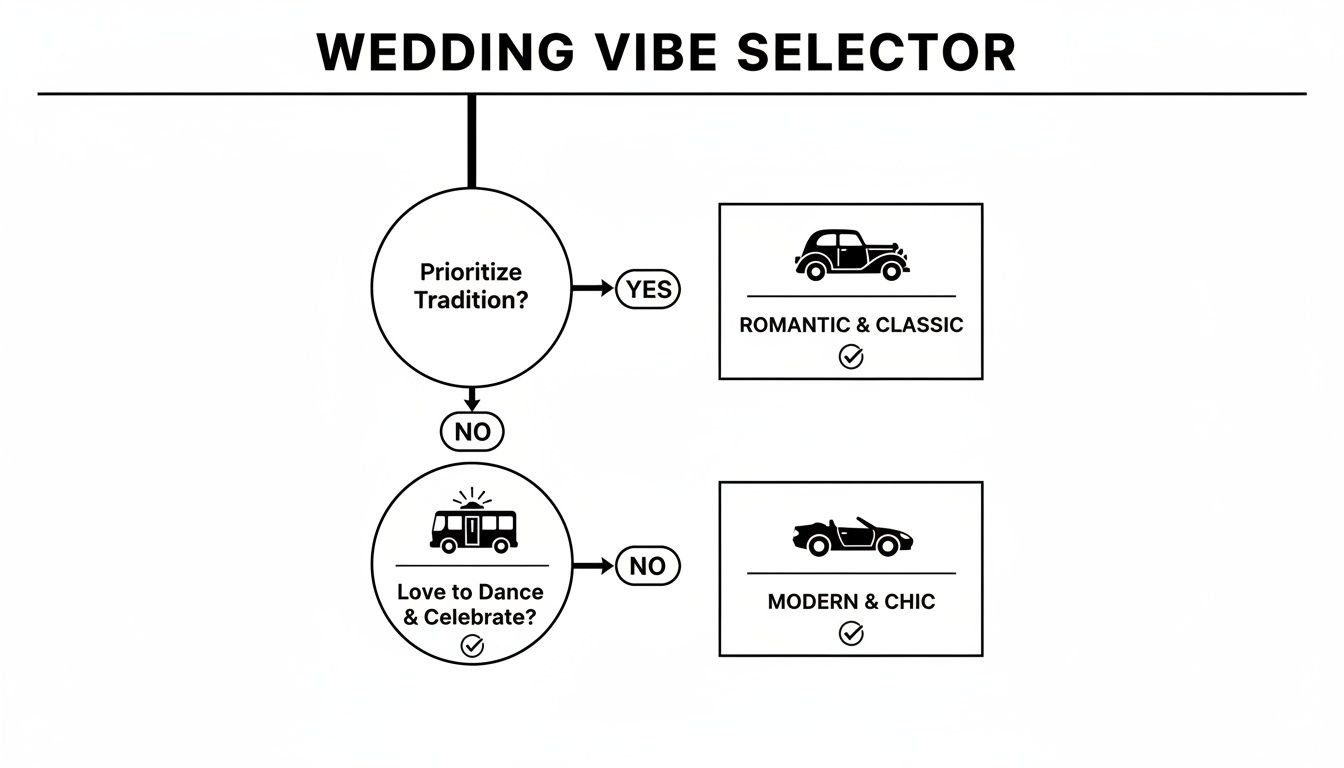 A wedding vibe selector flowchart, guiding users to 'Romantic & Classic' or 'Modern & Chic' styles with car icons.