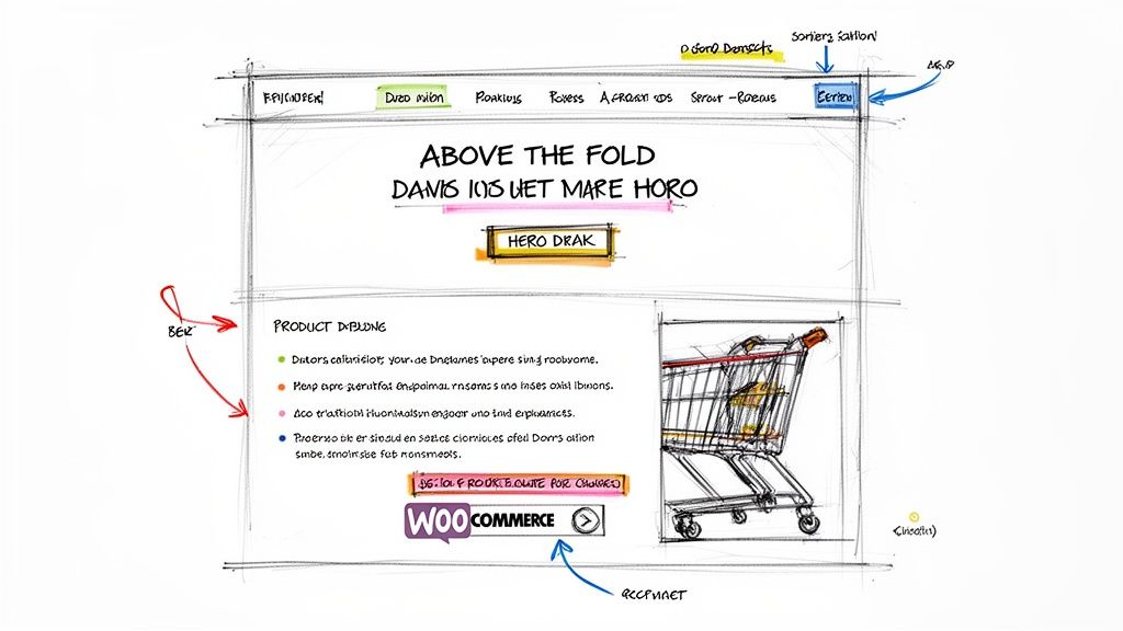 Hand-drawn website wireframe sketch showing a homepage layout with navigation, hero section, product details, and a shopping cart.