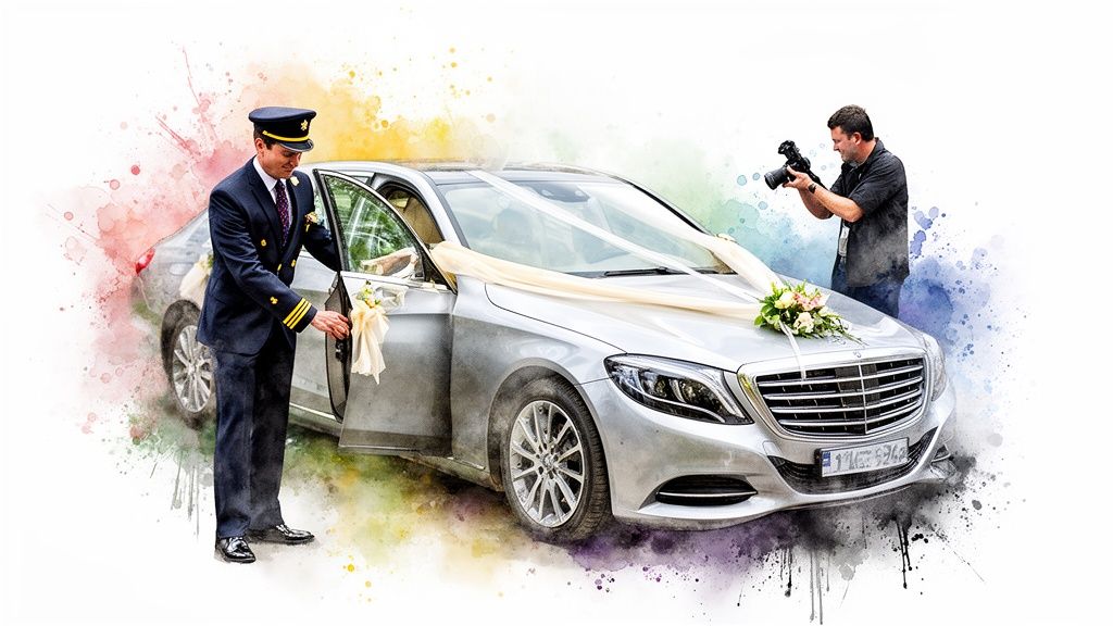 A professional chauffeur opens a luxurious, decorated silver wedding car, photographed by a wedding photographer.