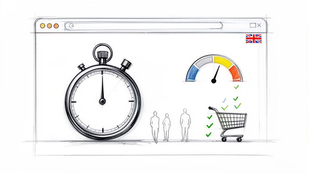 Illustration of a stopwatch, speed gauge, users, and shopping cart in a browser window, indicating fast UK website performance.