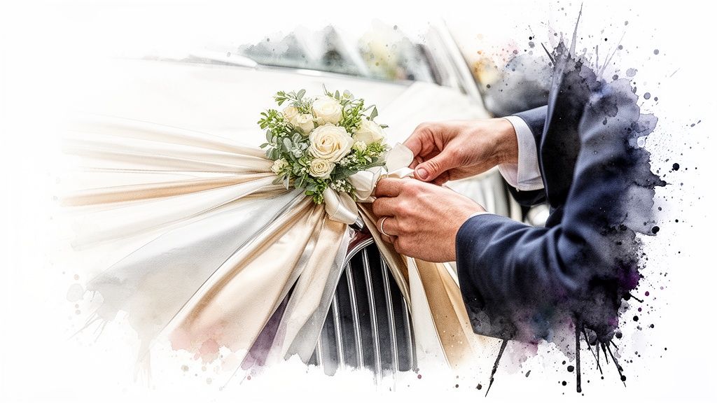 Hands of a person decorating a classic wedding car with white roses and elegant ribbons.
