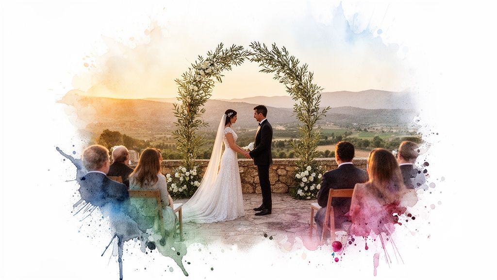 A wedding ceremony at sunset with a bride and groom under a floral arch, surrounded by guests and a scenic landscape.