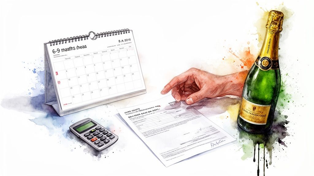 Watercolor painting shows a calendar, calculator, hire quote document, and a champagne bottle, suggesting event planning.
