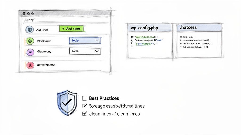 A sketch showing WordPress user management, wp-config.php, .htaccess files, and security best practices.