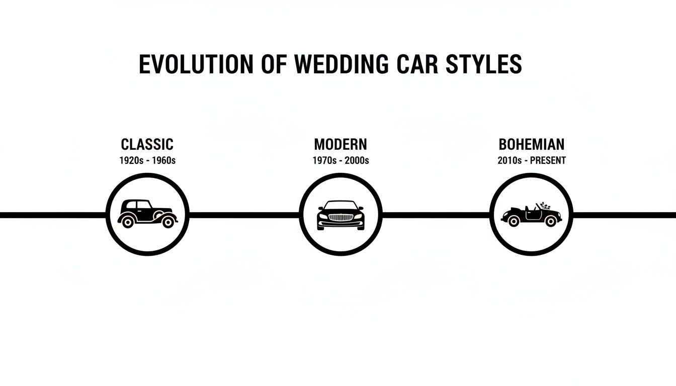 Timeline showcasing the evolution of wedding car styles: Classic, Modern, and Bohemian designs.