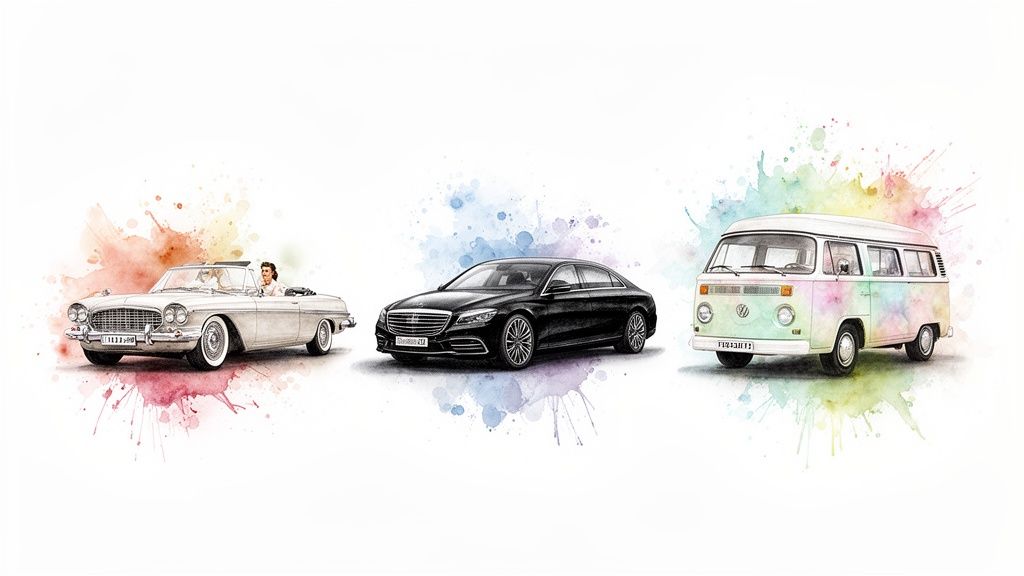 Three distinct cars: a classic white convertible, a sleek black sedan, and a vibrant watercolor Volkswagen van.