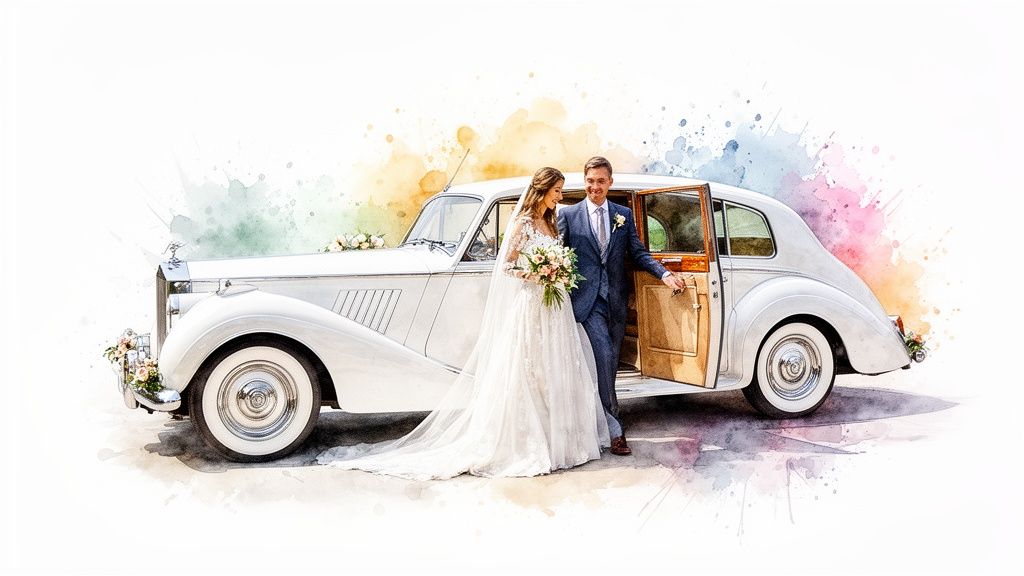 Newlyweds standing by a vintage white wedding car, with colorful watercolor splashes.