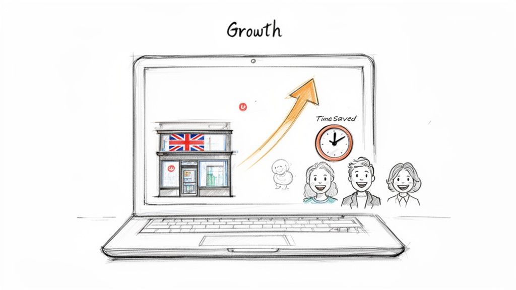 Hand-drawn illustration on a laptop screen depicting business growth, time saved, and happy customers.