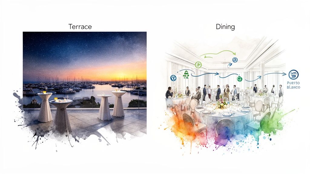 Watercolor illustration of an elegant terrace overlooking a marina at sunset and a sophisticated dining hall event.