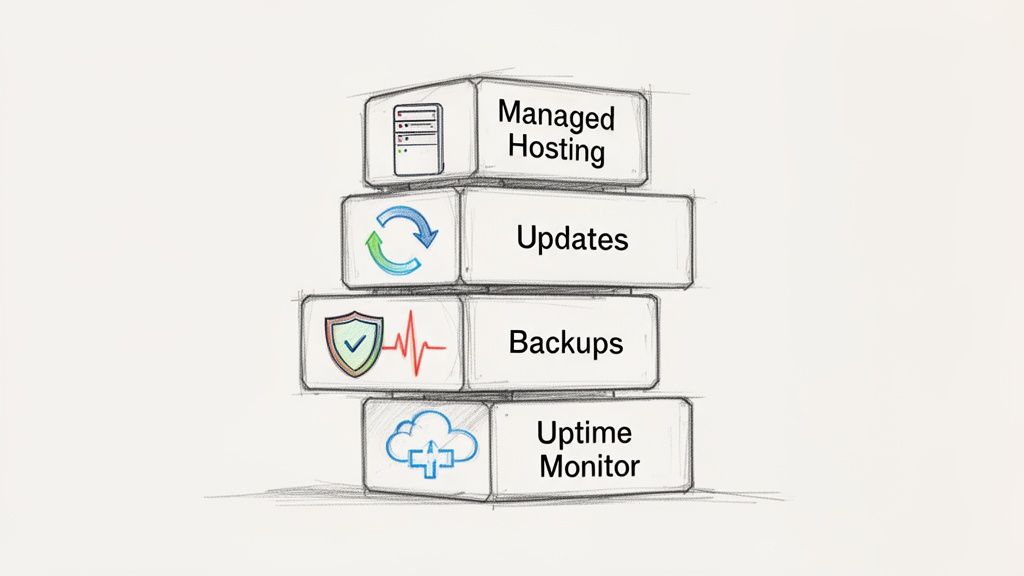 Illustration of essential website care services: managed hosting, updates, backups, and uptime monitoring.