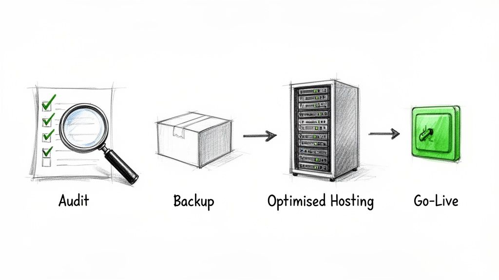 Illustrative diagram of website management steps: Audit, Backup, Optimized Hosting, and Go-Live process.