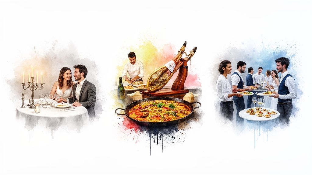 Elegant wedding catering in Barcelona showcasing a romantic dinner, a chef preparing paella, and professional event service.