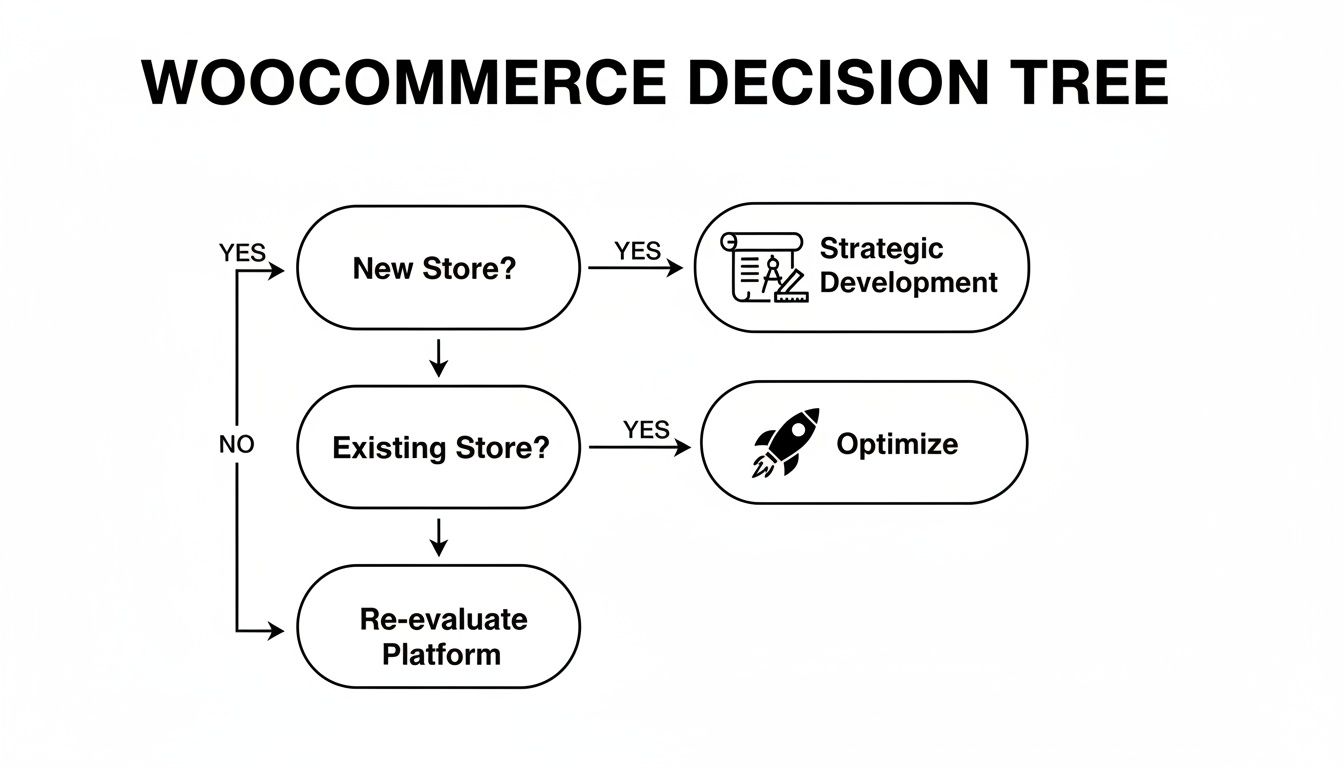 A WooCommerce decision tree flowchart for new store strategic development, existing store optimization, or platform re-evaluation.