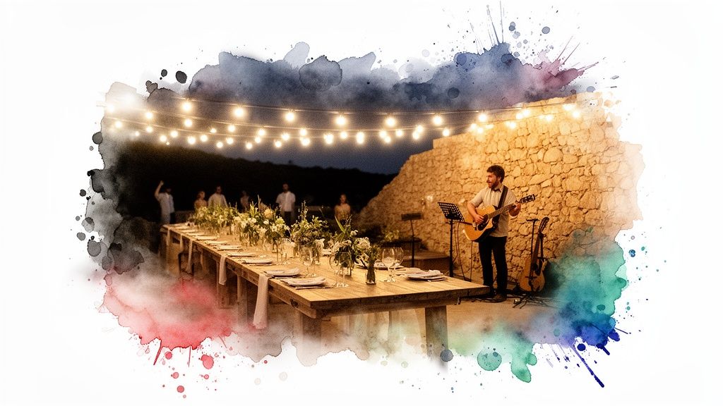Festive outdoor dinner party with string lights, a long floral table, and a live musician.