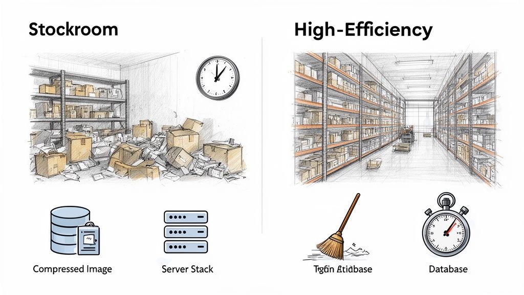 Illustrates the contrast between a messy stockroom and an organized, high-efficiency warehouse, symbolizing data management.