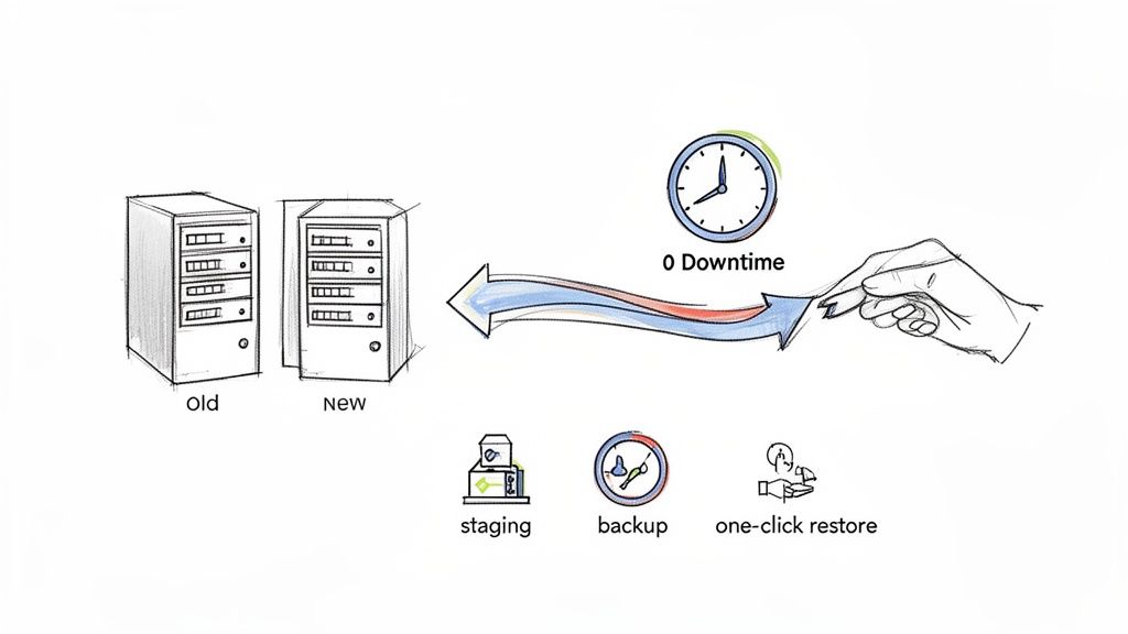 Diagram illustrating a seamless migration from old to new servers with zero downtime, featuring staging, backup, and one-click restore.