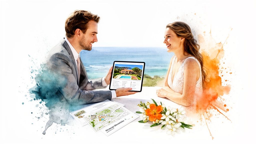 A wedding planner discusses venue options on a tablet with a smiling bride-to-be overlooking the ocean.