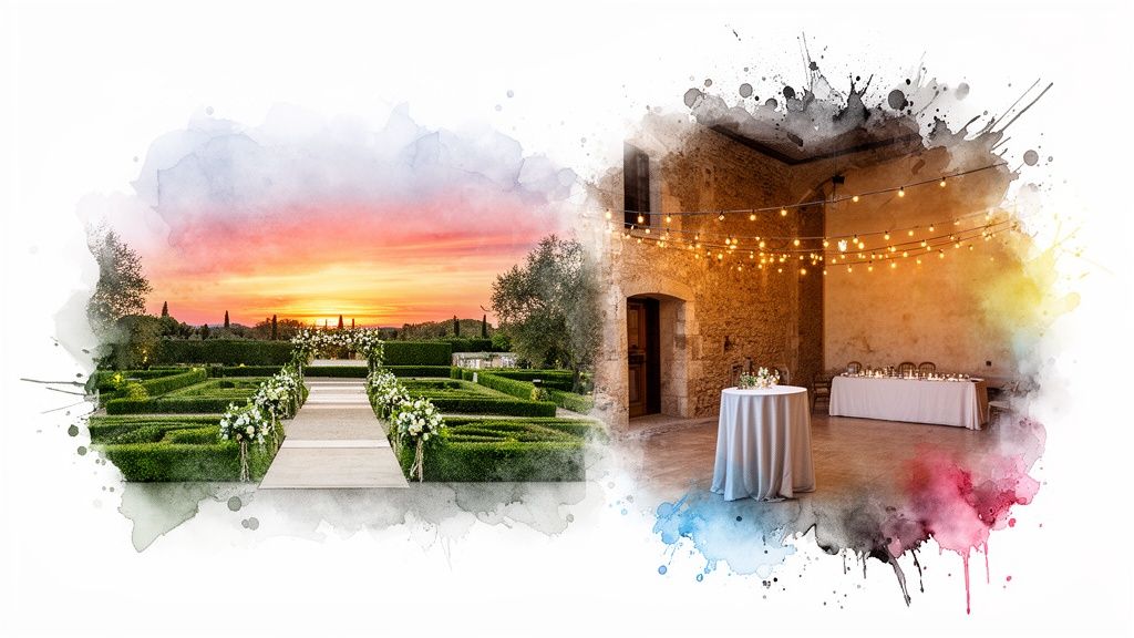 Watercolor image of an elegant sunset garden path and a rustic stone hall decorated for a wedding.