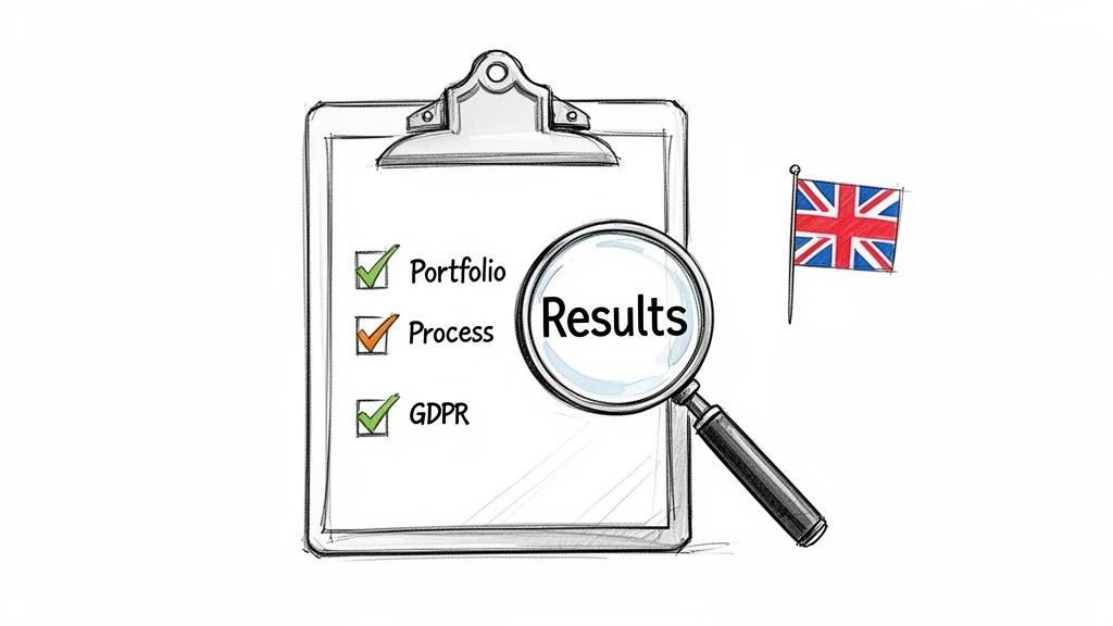 A checklist on a clipboard with 'Portfolio', 'Process', 'GDPR' checked, showing 'Results' under a magnifying glass, next to a UK flag.