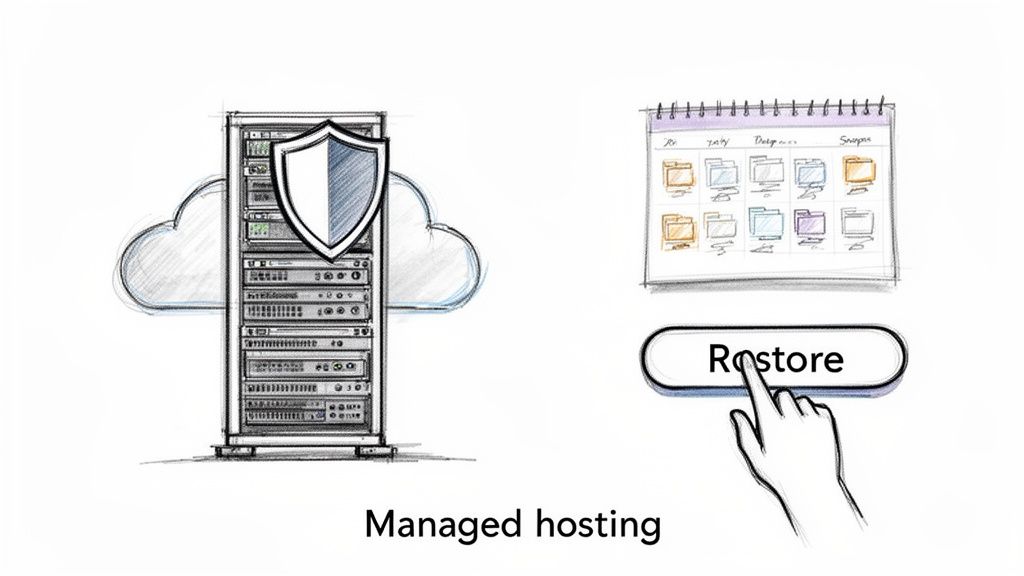 Managed hosting server with cloud and shield, showing a hand restoring files from a backup calendar.