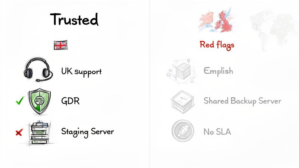 Infographic comparing trusted service qualities like UK support and GDR compliance with red flags such as shared backup servers.