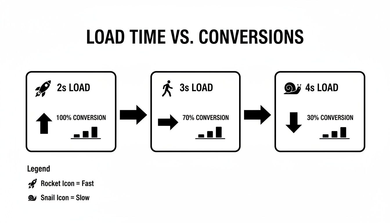 Diagram showing how website load time impacts conversion rates: 2s load for 100%, 3s for 70%, 4s for 30%.