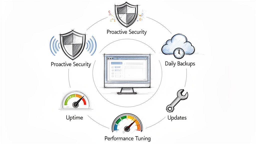 A circular diagram illustrating key website hosting and maintenance features: security, backups, updates, performance, and uptime.