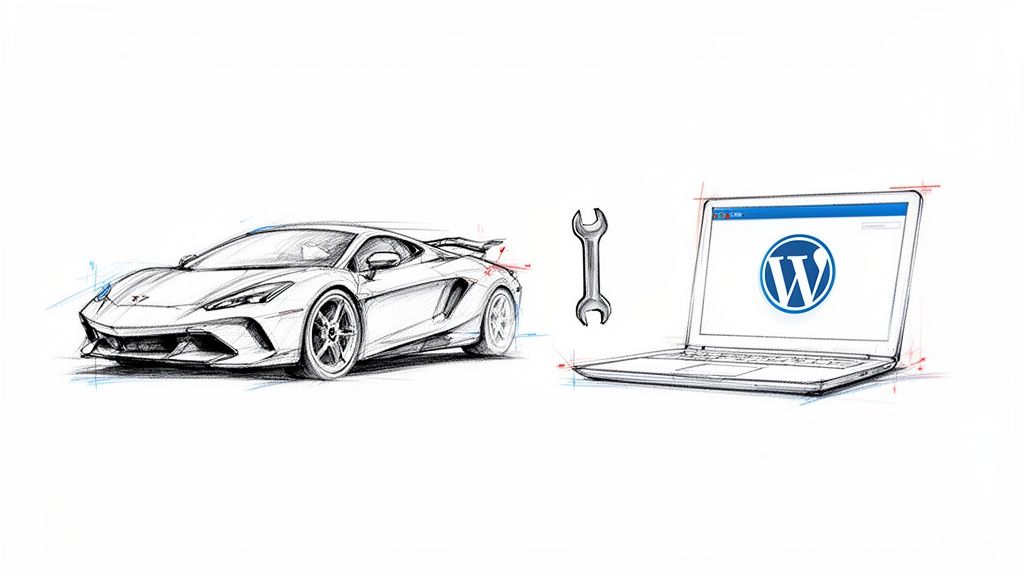 A sketch showing a sports car, a wrench, and a laptop with the WordPress logo on screen.
