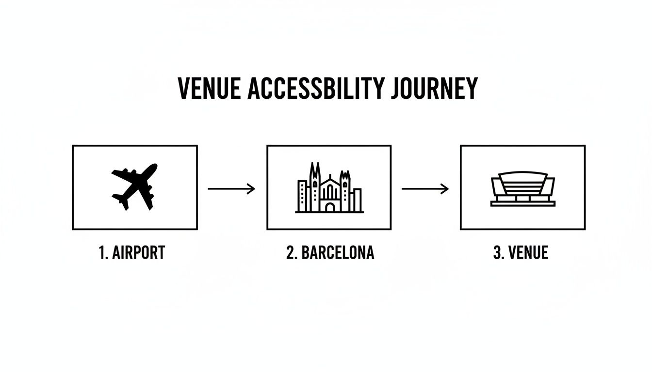 Diagram illustrating a venue accessibility journey from an airport to Barcelona city, then to the event venue.