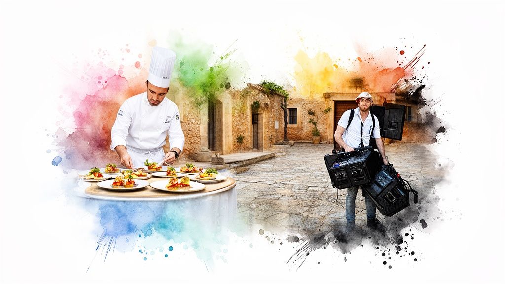 Chef meticulously plates food and sound engineer carries equipment in a watercolor-splashed outdoor venue.